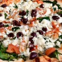 Lg Greek Pizza · Fresh spinach, feta, tomato, garlic, olives, and a touch of oregano