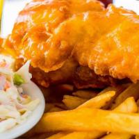 Fish & Chips · Wild-caught beer battered haddock, served with tartar, coleslaw, and fries