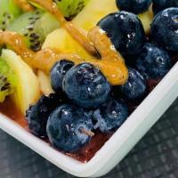 Refine Acai Bowl · Base: All-natural apple juice, strawberries, peach, banana, acai.
Toppings: Granola, kiwi, p...