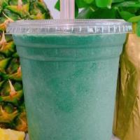 Green Spirulina Smoothie · Coconut water, pineapple, banana, all-natural green spirulina powder.