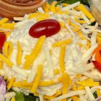 Chicken Salad · Served on romaine lettuce, cucumber, tomato, onion, two cheeses, salad dressing.