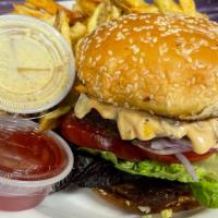 Burger Sandwich · Burger bun, beef burger, lettuce, tomato, onion, special sauce, served with fresh fries and ...