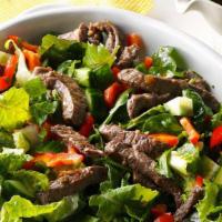 Beef Or Lamb Salad · Beef or Lamb, Lettuce, Tomato, Onion, cucumber, Olive oil, lemon