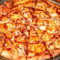 Bbq Chicken (Large) · BBQ sauce, pizza cheese, spices, bacon and onions.