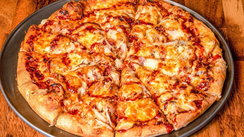 Bbq Chicken (Small) · BBQ sauce, pizza cheese, spices, bacon and onions.