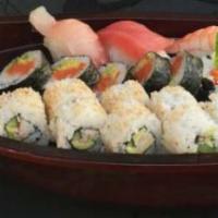 Hoshii Boat · spicy salmon, philly or spicy tuna with California roll, chef’s selection of five nigiri