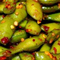 Angry Spicy Garlic Edamame · Hot.