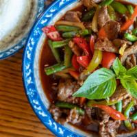 Thai Basil · Spicy, Vegetarian. Garlic, chili, bell peppers, green beans, and onions in savory Thai basil...