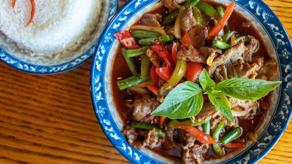 Thai Basil · Spicy, Vegetarian. Garlic, chili, bell peppers, green beans, and onions in savory Thai basil sauce