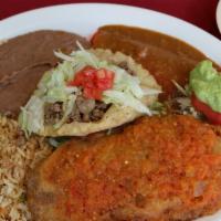 Don Pedro Special Plate · 1 Chile relleno, one cheese enchilada with dp’s chili sauce, one puffy beef taco with lettuc...