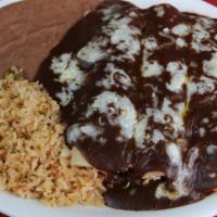 12 Chicken Mole Enchiladas · 3 Chicken Mole Enchiladas, topped with our delicious Mole Sauce