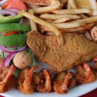 Fried Catfish Filet & Shrimp · 1 country battered catfish filet and six shrimp served with hush puppies, toast and a side o...