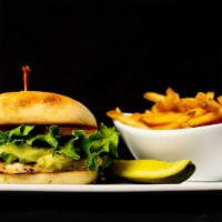 Malibu Chicken Sandwich  · Grilled chicken breast topped with sliced avocado, swiss cheese, lettuce, tomato, onion and ...