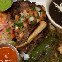 8 Oz Carne Asada Platter · 8 OZ FINELY-CHOPPED GRILLED ANGUS-STEAK/ASADA, MIXED W/ GRILLED ONIONS & CACTUS.
ON THE SIDE...