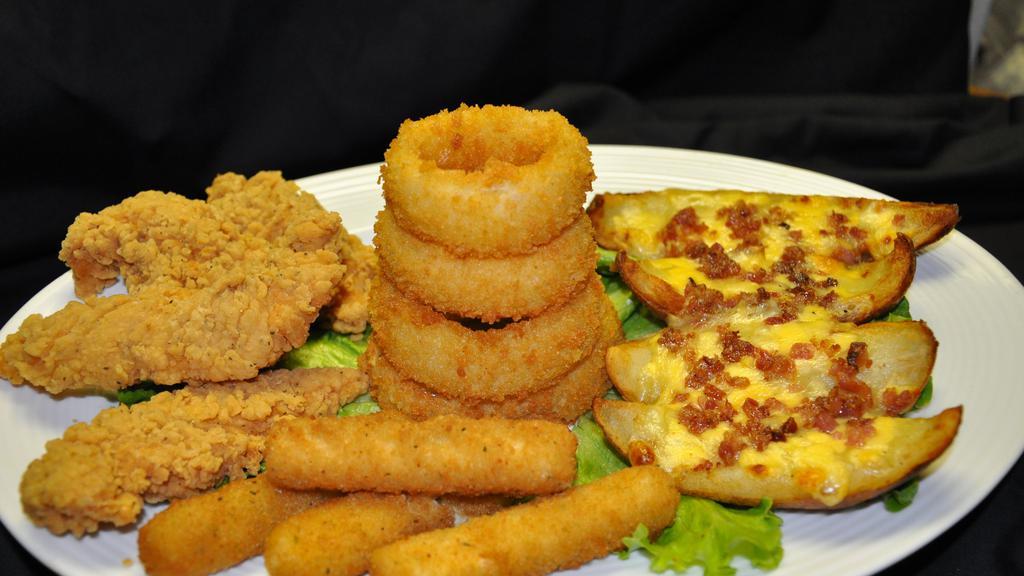 Combination Platter · (Serves two-four) Onion rings, potato skins, chicken fingers, and Mozzarella sticks served with choice of dipping sauce.