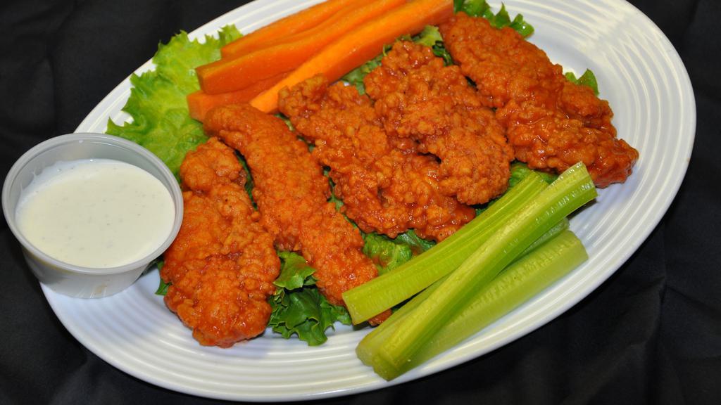 Buffalo Chicken Fingers · Breaded chicken tenderloins dipped in our spicy buffalo sauce, served with bleu cheese to cool you down.