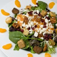 Gregg'S Sweet Salad · Garden greens topped with fresh grilled chicken, mandarin oranges, honey maple walnuts, crou...