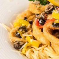 Calamari Pasta · Spaghetti tossed with garlic Parmesan sauce, black olives, roasted red peppers, pepper rings...