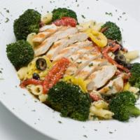 Chicken And Broccoli Italia · Fresh grilled chicken breast tossed with broccoli, roasted red peppers, black olives, hot pe...