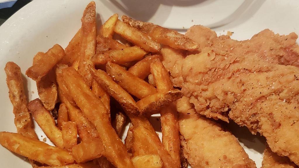 Chicken Tenders · Deep fried strips of chicken breast, with our mild smokey BBQ sauce or honey-mustard for dipping.
