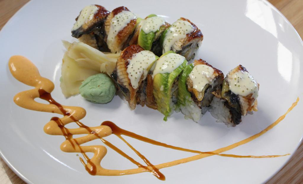 Osaka Roll (8Pc) · Inside: shrimp tempura. Outside eel, and avocado.