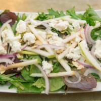 Chicken, Apple, &  Goat Cheese · All-natural chicken breast, granny smith apples, almonds, Goat cheese, red onions, apple vin...
