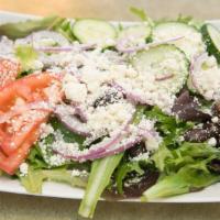 Mediterranean Salad · Organic greens, tomatoes, cucumbers, olives, red onions, Feta cheese, Mediterranean dressing.