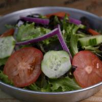 House Salad · Mixed greens, tomatoes, cucumbers,. onions with your choice of dressing