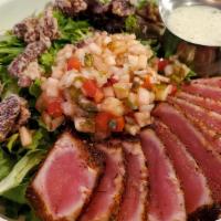 Ahi Tuna Salad · Cajun seared tuna, pineapple salsa, candied pecans, mixed greens, wasabi vinaigrette.