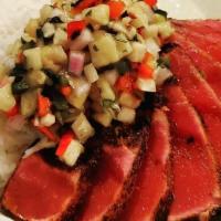 Ahi Tuna Bowl · Cajun seared ahi tuna, basmati rice, pineapple salsa, wasabi vinaigrette.