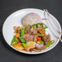 Beef With Mix Vegetables · Sliced beef cooked with broccoli, bell pepper, celery, carrot and mushroom in brown sauce.