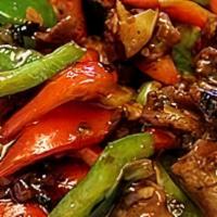 Beef With Black Bean Sauce · Spicy level one. Red&Green pepper, onion.