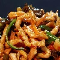 Shredded Pork With Hot Garlic Sauce · Spicy level one. Red&Green pepper, black fungus, bamboo shoot.