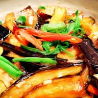 Eggplant With Hot Garlic Sauce · Spicy level one. Red&Green pepper, black fungus, bamboo shoot.