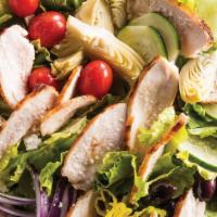 Chicken Greek Salad · Romaine lettuce, cherry tomatoes, cucumbers, bell peppers, Greek olives, pepper rings, red o...