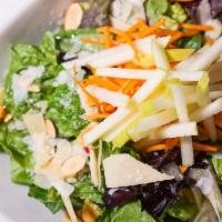 Mezza Salad · Mixed greens, carrots, Granny Smith apple, tossed In a creamy, and tangy garlic-buttermilk d...