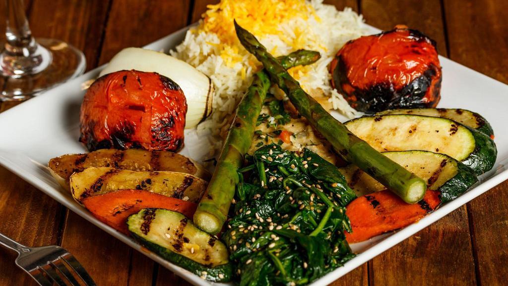 Grilled Vegetable Platter · Grilled tomato, onion, zucchini, yellow squash, carrots, and portabella mushroom, with sautéed baby spinach, saffron basmati rice, and creamy scalloped potatoes.