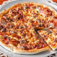 Meat · Pizza sauce, pepperoni, salami, sausage, bacon and mozzarella cheese.