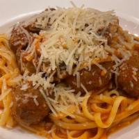 Linguine And Meatballs · Linguine, mushrooms, marinara sauce, beef meatballs, parmesan cheese, and fresh basil.