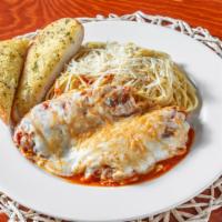 Chicken Parmesan · Breaded chicken breast baked with homemade marinara sauce, topped with mozzarella and Parmes...