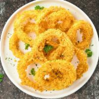Cally Calamari · Calamari lightly battered, seasoned & fried to golden brown. Topped with tomatoes, green oni...