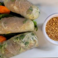 Chicken Spring Rolls · Rolled fresh (soft) in a rice paper wrapped with chicken, lettuce, bean thread noodles bean ...