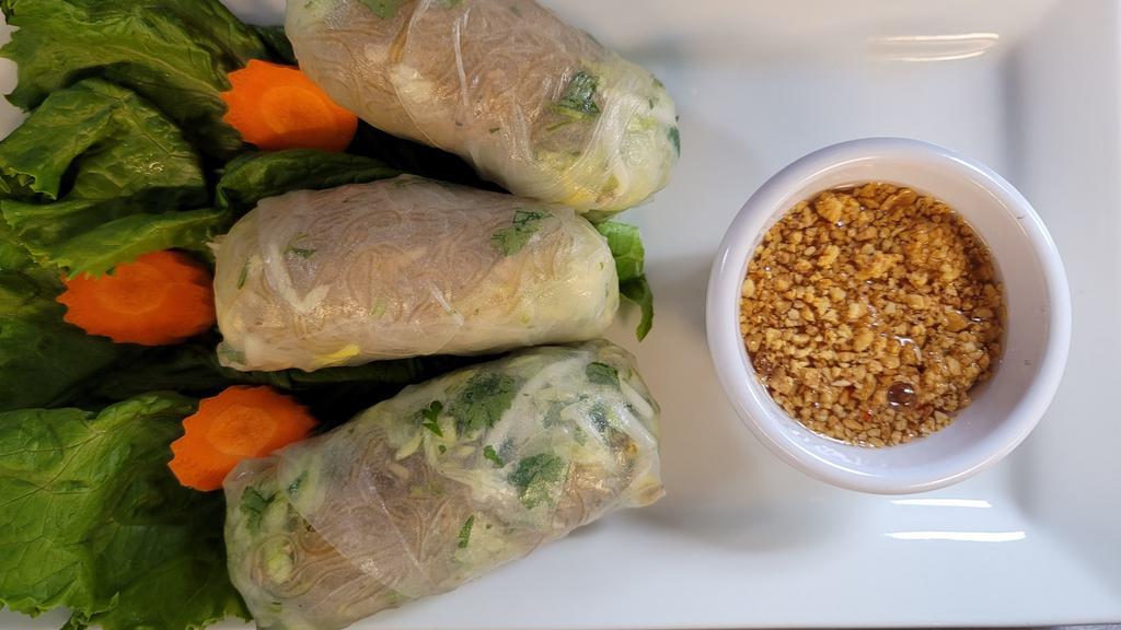 Chicken Spring Rolls · Rolled fresh (soft) in a rice paper wrapped with chicken, lettuce, bean thread noodles bean sprouts, and cilantro.