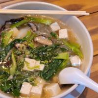 Clear Noodle Soup · Mild flavored clear broth with glass noodles and mixed vegetables choice of chicken or tofu.