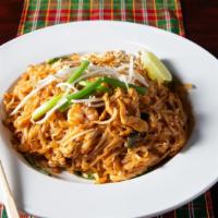 Pad Thai · Rice noodle stir fired with cabbage, egg, bean sprout, and green onions in a savory sauce ga...