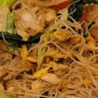 Pad Mee Stir-Fry (Thin Noodle Stir-Fry) · Thin Noodles Stir-Fry with egg, Bok Choy, celery bamboo strips, onions, bell peppers, and yo...