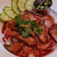 Kaw Moo Dang(Bbq Pork & Rice) · Steamed jasmine rice served with marinated BBQ pork, cucumber, and cilantro.