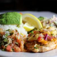 Square Knot Salmon · Achiote and lemon seared salmon with roasted pineapple. Served with rice, sautéed vegetable,...