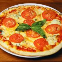 Margherita · (cheese, tomato & fresh basil). Fresh mozzarella and Parmesan cheeses, tomatoes and fresh ba...