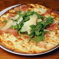 Lombardi · (prosciutto & fresh arugula). A white pizza with fresh mozzarella, basil, imported Prosciutt...